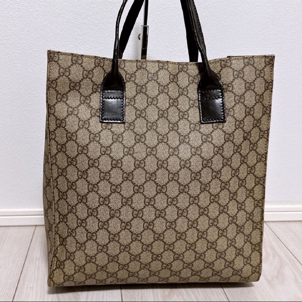 Gucci GG Monogram Canvas Tote Bag Brown Leather Trim Authentic Vintage Shopper - Picture 3 of 16